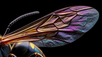 Ultra Sharp Macro Photograph of Wasp Wing with Iridescent Sheen and Symmetrical Vein Patterns