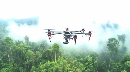 Fototapeta premium Aerial Exploration: A drone soars through the air above a lush forest canopy shrouded in mist, showcasing the power of aerial technology and environmental monitoring.