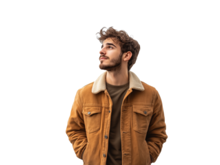 An interested man tilts his head, squinting, with curiosity in his gaze, isolated on a white background full-length