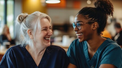 Fototapeta premium Senior Nurse and Young Intern Laughing Together in a Hospital