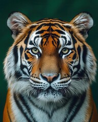 Fototapeta premium Majestic Silver Bengal Tiger Portrait in Dramatic Studio Lighting Against Deep Emerald Background Wildlife Photography