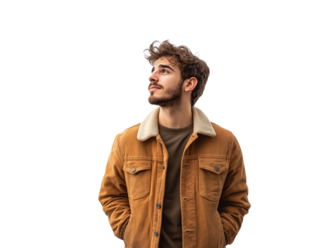 An interested man tilts his head, squinting, with curiosity in his gaze, isolated on a white background full-length