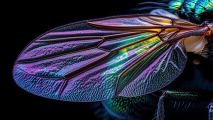 Ultra Sharp Macro Photograph of Green Bottle Fly Wing with Neon Iridescence and Lightning-Like Venation