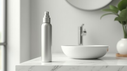 Nasal spray, Close-up of a silver nasal spray bottle on white marble countertop under home lighting clean and clinical