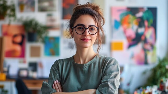 This portrait features a young European female graphic designer in a vibrant studio, showcasing her creativity and confidence in a bright, inspiring environment.
