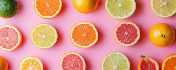 Assorted citrus fruits on pink background with fresh slices of oranges, lemons, and grapefruits