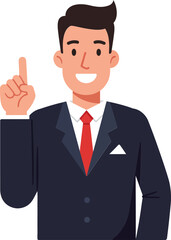 Confident businessman in a suit raising a finger while smiling, minimal style vector illustration showcasing professionalism and enthusiasm