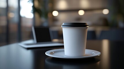 A Disposable Coffee Cup on a Table in a Modern Cafe Setting