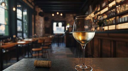 A Glass of White Wine on a Table in a Rustic Bar Setting