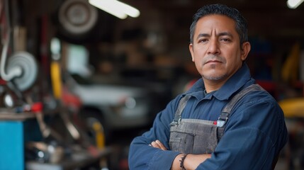 Obraz premium A middle-aged Hispanic mechanic exuding confidence stands in his workshop. Tools and vehicles surround him, showcasing his professionalism and expertise in automotive service.