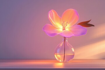 Glowing, wireframe flower in a glass vase, illuminated against a soft background.