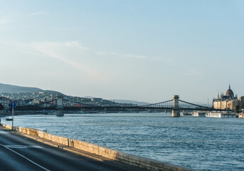panorama of budapest with river bank and many bridges over the danube river