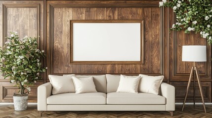 Elegant Living Room with Wooden Wall Paneling, Beige Sofa, and Blank Frame