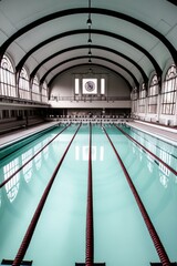 Historic indoor swimming pool with red lane dividers and arched windows