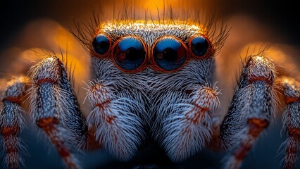 Ultra Sharp Macro Photograph of Jumping Spider Eyes with Intricate Reflections and Vivid Iridescence