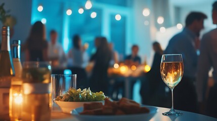 A Lively Gathering of Friends Enjoying Dinner and Drinks at a Festive Evening Event