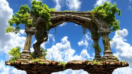 Obraz premium An arched structure of stone with vines and greenery