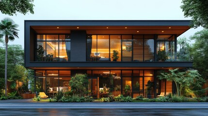Modern Glass Facade House Surrounded by Lush Greenery at Dusk