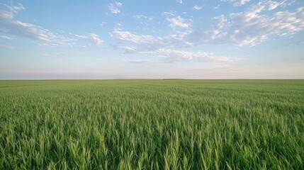 Naklejka premium Vast green wheat field stretching to the horizon under a bright blue sky with scattered clouds during daytime.
