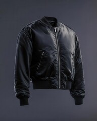 Modern Streetwear Black Bomber Jacket on Invisible Mannequin with Realistic Fabric Texture and Studio Lighting