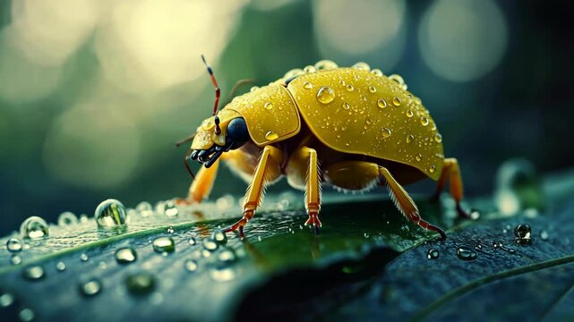 Golden Beetle on Dew-Kissed Leaf: A Macro Photography Masterpiece