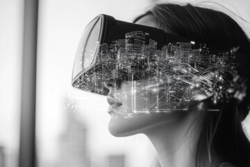 Woman wearing VR headset, superimposed with a futuristic city, exploring virtual reality.