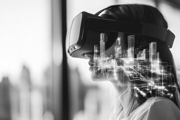 Woman wearing VR headset, superimposed with a cityscape, exploring virtual reality and urban planning.