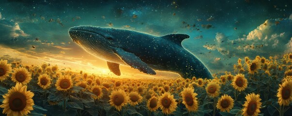 Obraz premium Surreal whale floating above sunflower field at sunset with starry sky backdrop