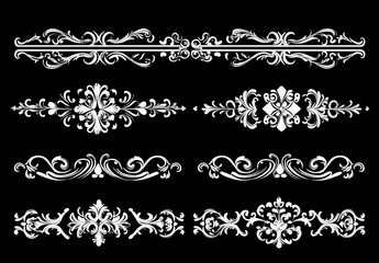 Calligraphic flourish dividers. Decorative scroll divider for wedding invite card design, vintage ornate borders and filigree flourishes graphics vector set. Filigree black and white ornaments