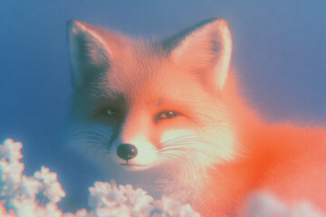 Obraz premium A digitally rendered fox with a soft, ethereal glow surrounded by pastel flowers.