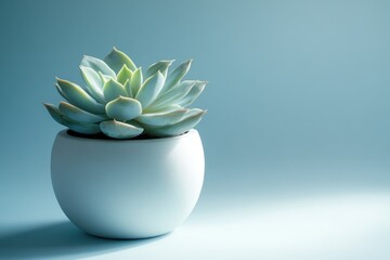 A serene Echeveria succulent in a pale blue pot against a soft blue backdrop.