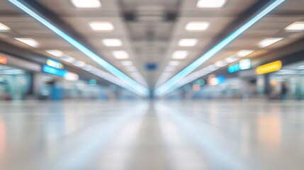 Abstract Blurred View of Modern Airport Terminal Interior with Bright Lighting and Moving Passengers