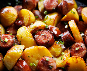 Baked potatoes with sausage slices sprinkled with fresh herbs, focus on the middle, close-up view
