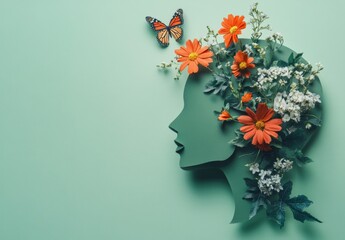 Cardboard silhouette of human head decorated with flowers and butterfly on green background. World mental health day concept