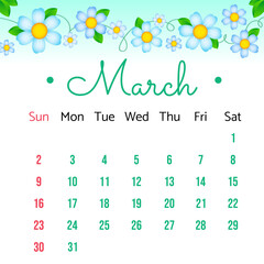 Calendar Page for March 2025 with cute spring flowers and leaves. Week starts on Sunday. Vector illustration flat style. Calendar Template For March 2025.
