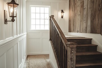 Detailed view of a rustic farmhouse staircase with wooden steps, hand-woven runner, and antique sconces illuminating the way.