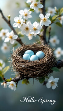 Delicate cherry blossoms and nest with eggs on branch celebrating spring equinox day concept