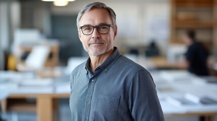Fototapeta premium A portrait of a middle-aged male architect wearing glasses, standing confidently in a modern workspace filled with architectural materials, showcasing professionalism and creativity.