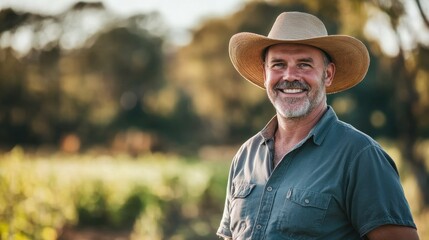 A cheerful middle-aged male farmer stands in an Australian landscape, wearing a sun hat and smiling warmly. The setting evokes a sense of tranquility in nature, highlighting rural life.