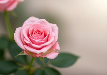 Obraz premium Elegant pink rose with soft blurred background. Beautiful flower in pastel colors. Great for romantic cards, invitations, decorative items. Copy space suitable for text design. Perfect for spring
