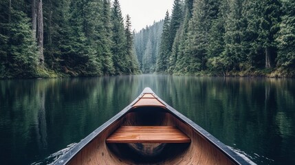 Obraz premium Canoeing through a serene forest lake