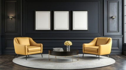Black and white room with a yellow chair and a coffee table