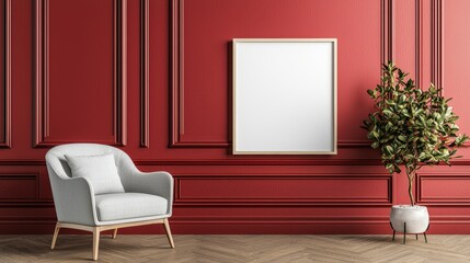White chair sits in front of a red wall with a white frame. , Copy Space and Blank Frame