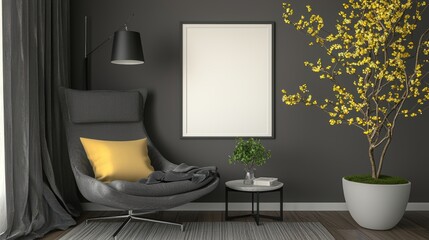 Living room with a black chair, a white framed picture, a potted plant