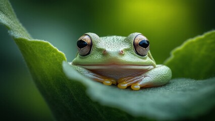 Ultra Sharp Macro Photograph of Small Frog Sitting Cross Legged on Leaf with Content and Humorous Expression