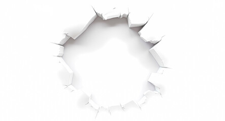 circular hole with jagged edges in a white surface