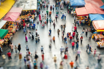 Naklejka premium A bustling outdoor market with diverse people moving between colorful stalls, creating a lively blur of motion and vibrant energy.