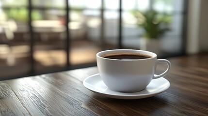 Aromatic Coffee in White Mug on Wooden Table, Bright Sunlight Through Window
