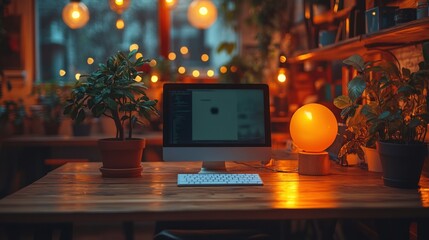 Cozy Workspace with Computer, Plants, and Ambient Lighting at Night