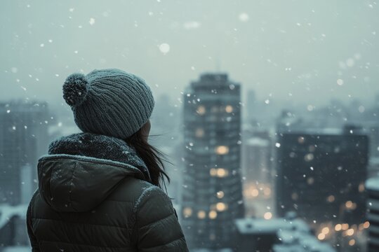A woman in a winter hat and coat looks out at a snowy cityscape at night.